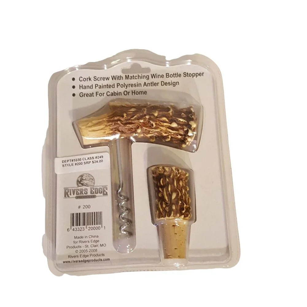Antler Corkscrew and Wine Stopper by Rivers Edge Hand Painted‎ Polyresin